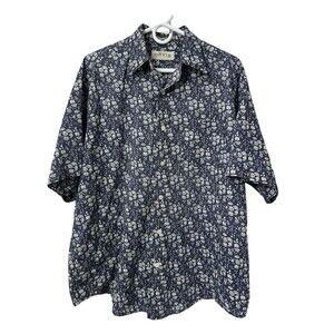 Orvis Button Down Shirt Men's Large Blue Floral Short Sleeve 100% Cotton
